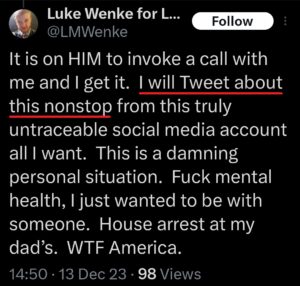 luke wenke x twitter screenshot ryan benjamin teeter obsession 2023