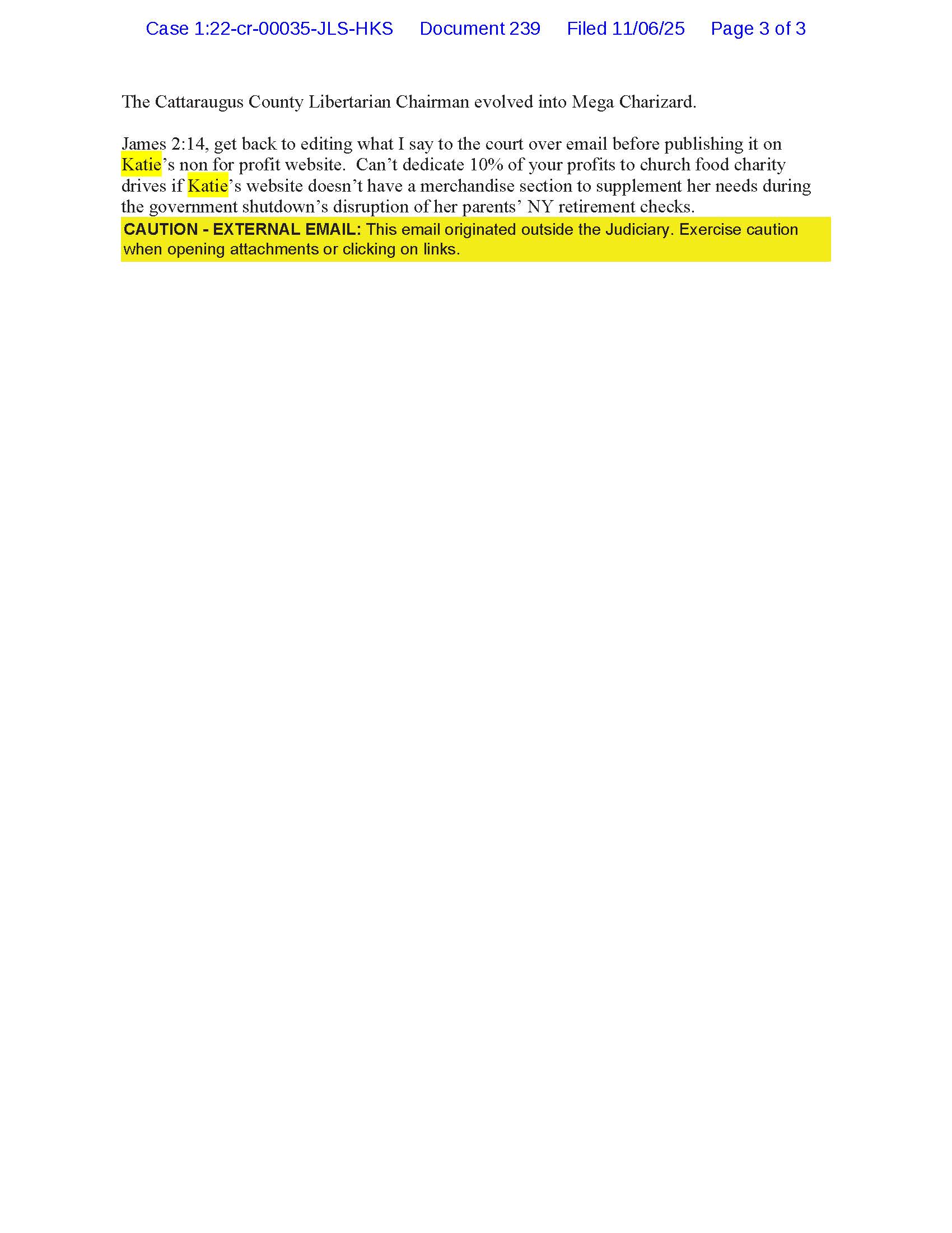 luke wenke email to judge john sinatra containing death threat against stalking victim katie november 2025