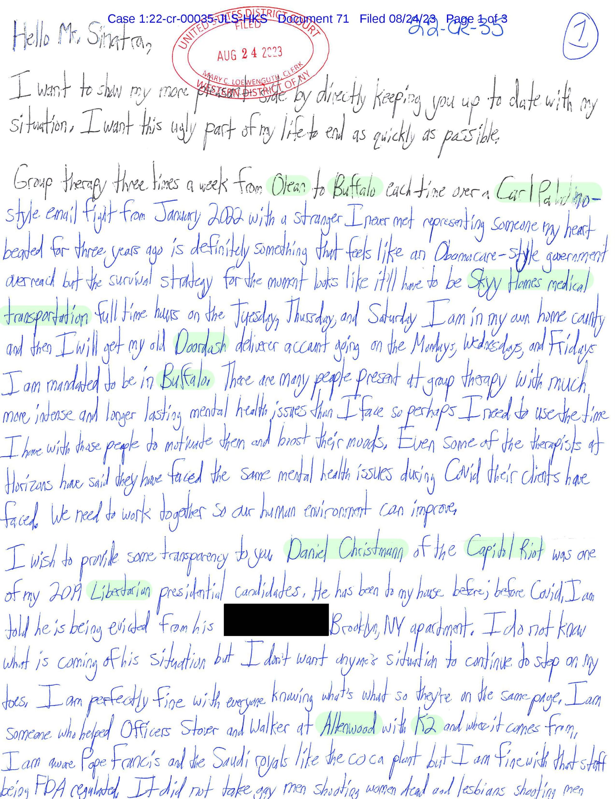 A handwritten letter from Luke Wenke to the Honorable John L. Sinatra, Jr.; August 2023.