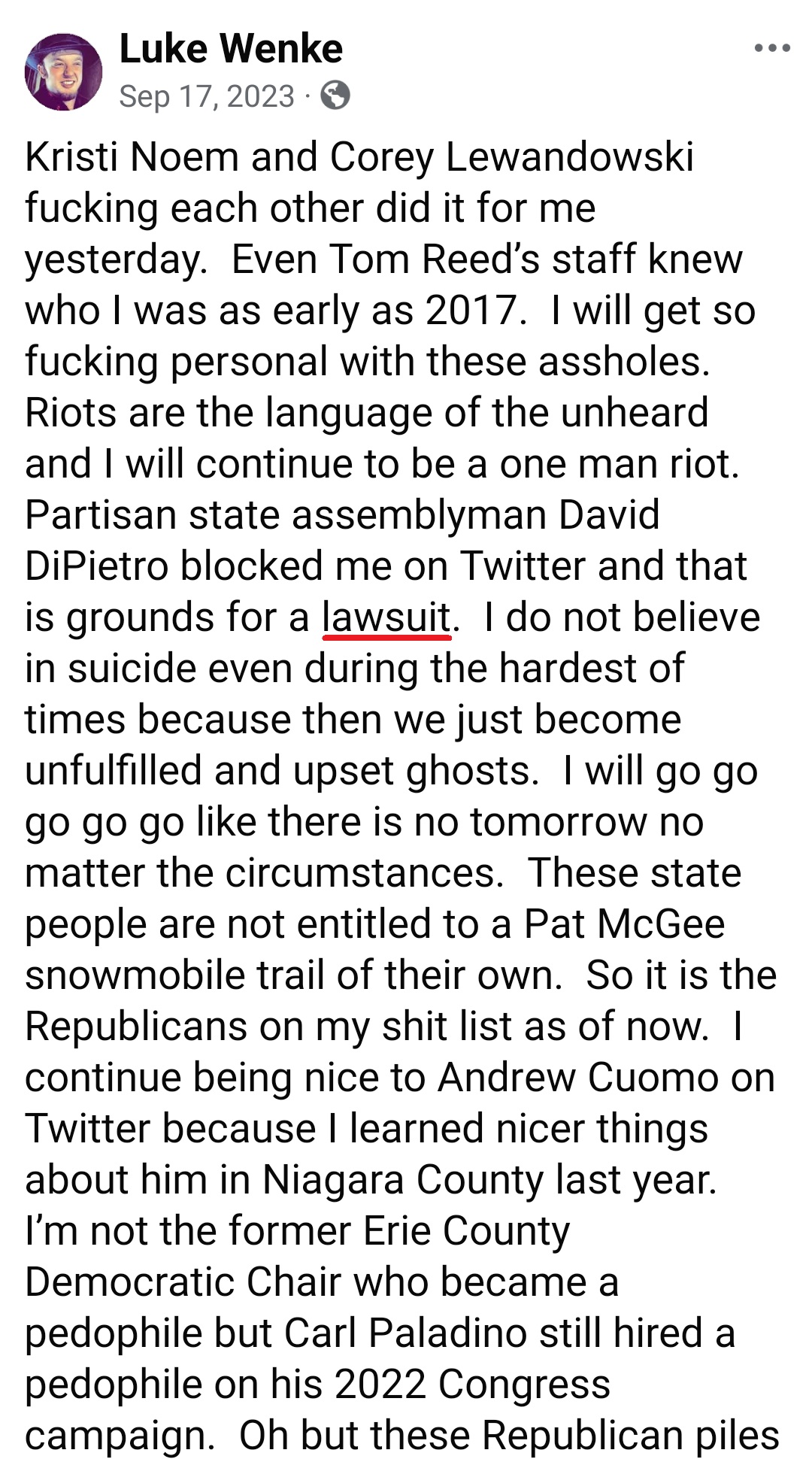 luke wenke facebook screenshot threats to sue 2023