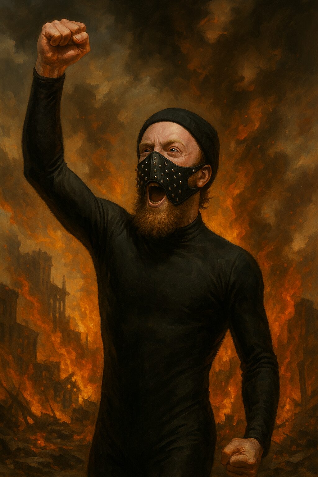a painterly image of a generic white man in a black latex bodysuit raising his fist in the air among destruction and carnage