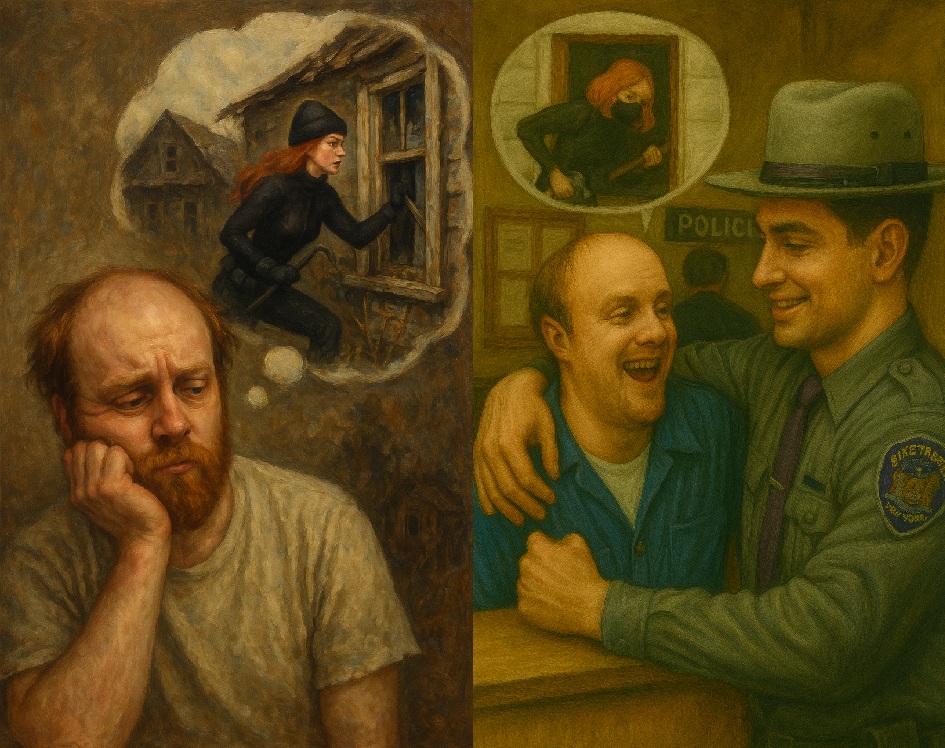 not luke wenke balding white man daydreaming home burglary redheaded woman cop buddy