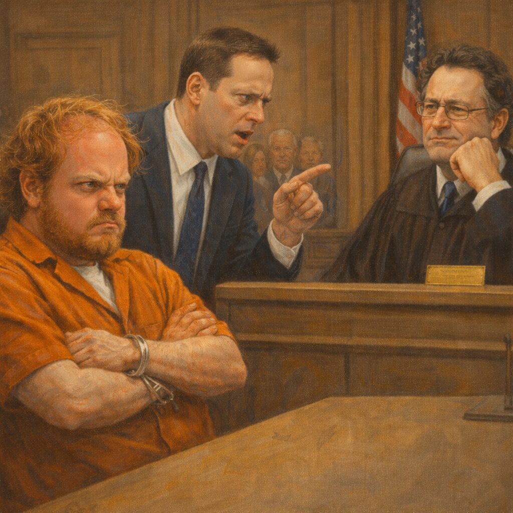 not luke wenke prisoner inmate orange jumpsuit courtroom arms crossed angry judge prosecutor
