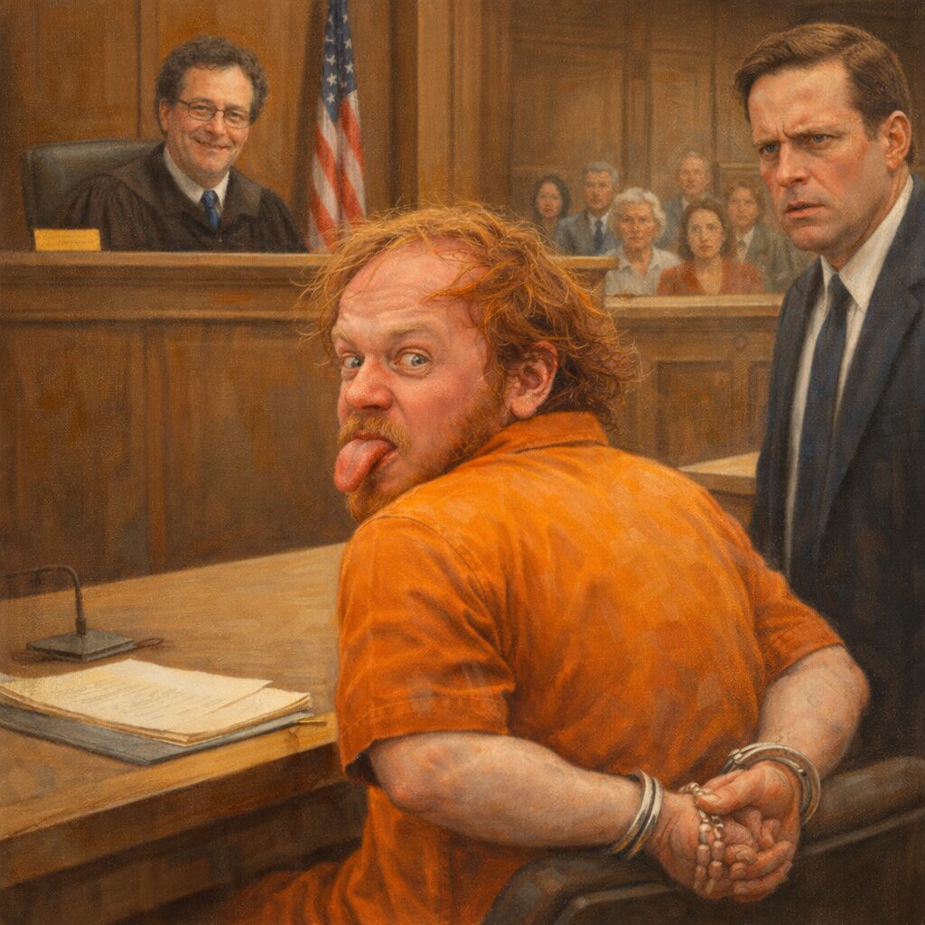 not luke wenke fat balding redheaded man inmate orange jumpsuit handcuffed courtroom judge